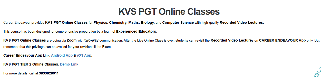 KVS PGT Online Classes - offered by Career Endeavour CSIR NET Coaching Delhi 