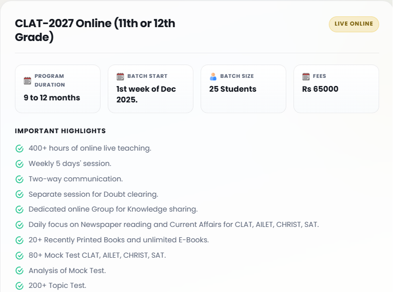 CLAT-2027 ONLIEN (11th or 12th grade) - offered by CLATutor Bengaluru