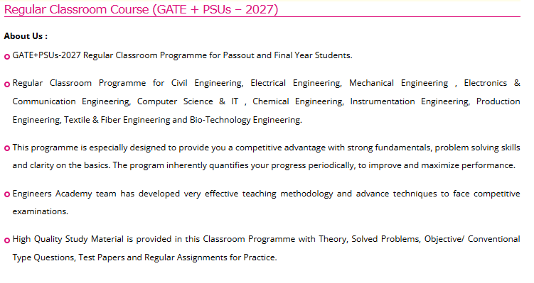 Regular Classroom Course (GATE + PSUs – 2027) - offered by Engineers Academy Delhi 