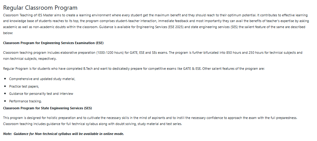 Classroom Program for Engineering Services Examination (ESE) - offered by IES Master New Delhi 
