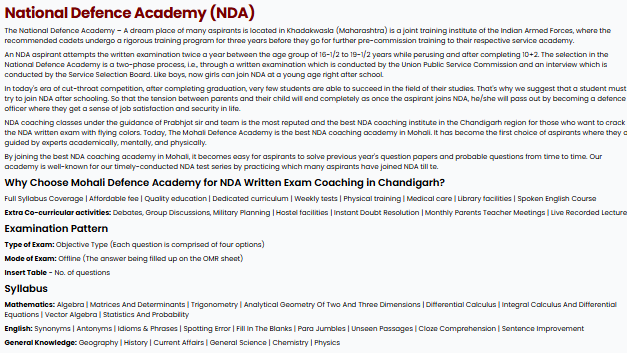 NDA - offered by Maharaja Ranjit Singh Academy & Mai Bhago AFPI Mohali Entrance Coaching Panjab