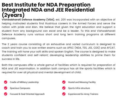 Best Institute for NDA Preparation Integrated NDA and JEE Residential (2years)  - offered by Vishwabharati Defence Academy Pune Maharashtra